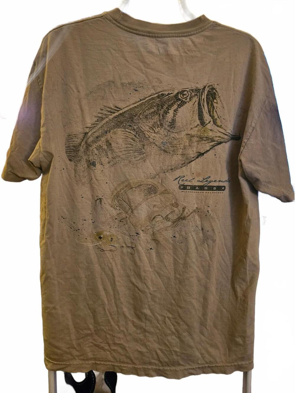 Reel Legends T-Shirt Men L Large Beige Bass Graphic Fishing stains as shown